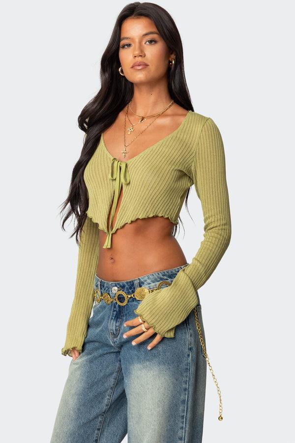 Edikted Bekkah Ribbed Knit Tie Front Top Olive