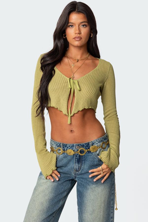 edikted Bekkah Ribbed Knit Tie Front Top olive