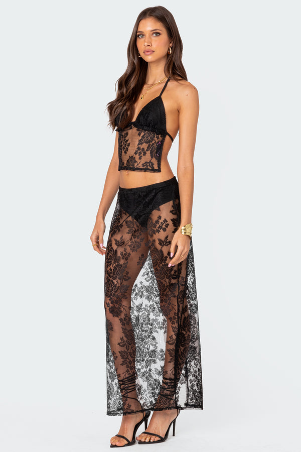 Edikted Bess Open Back Sheer Lace Top Black