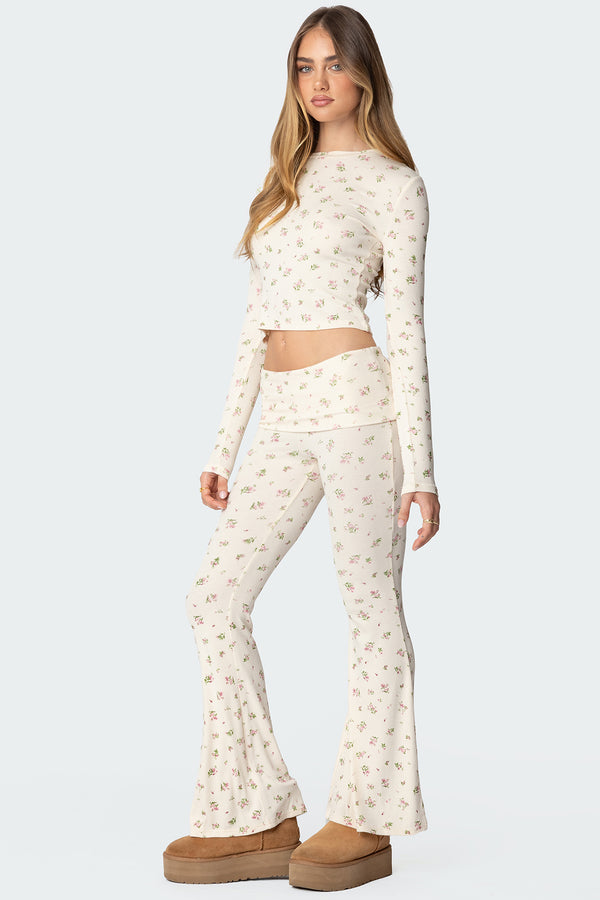 Edikted Bloom Baby Fold Over Flared Leggings Cream