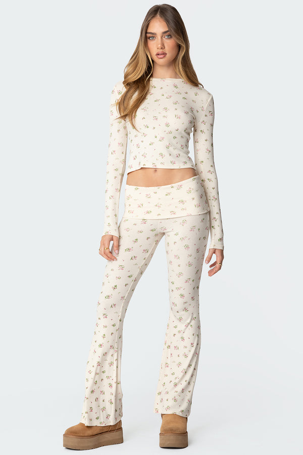edikted Bloom Baby Fold Over Flared Leggings cream