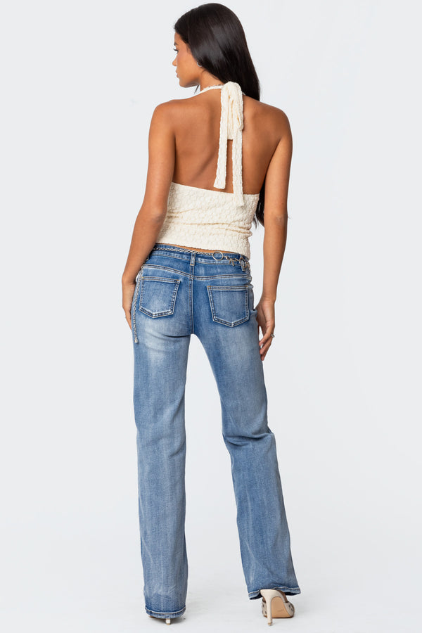 Edikted Boot Cut Washed Low Rise Jeans Blue Washed
