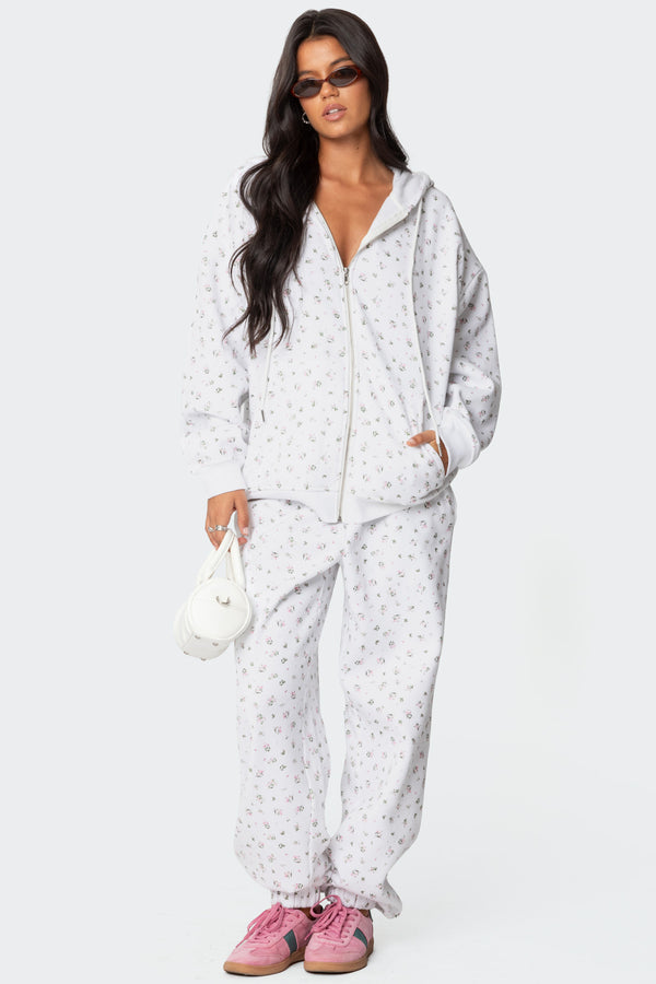 Edikted Bouquet Oversized Zip Up Hoodie Cream