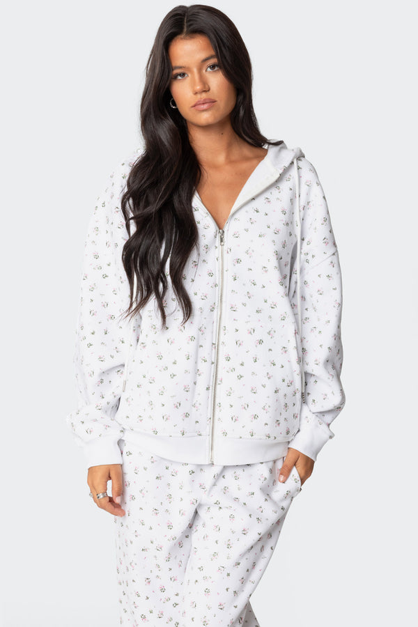 edikted Bouquet Oversized Zip Up Hoodie cream