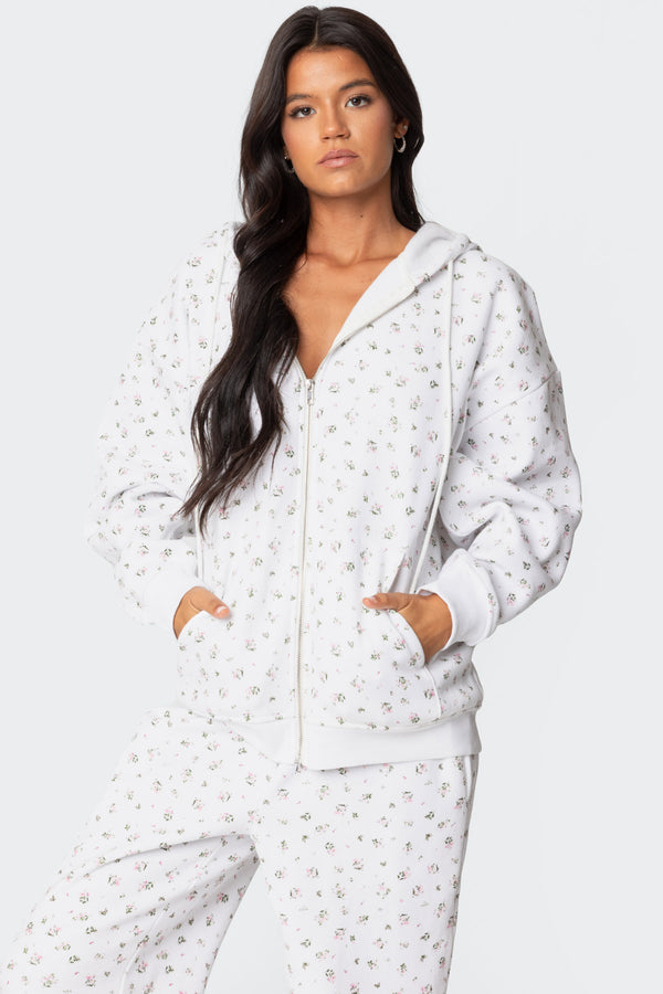 Edikted Bouquet Oversized Zip Up Hoodie Cream