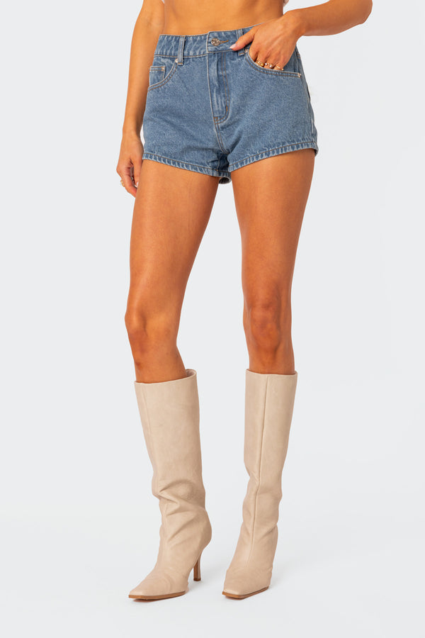 Edikted Bow Pocket Washed Denim Shorts Blue Washed