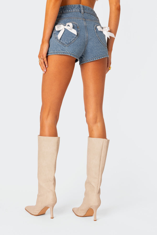 Edikted Bow Pocket Washed Denim Shorts Blue Washed
