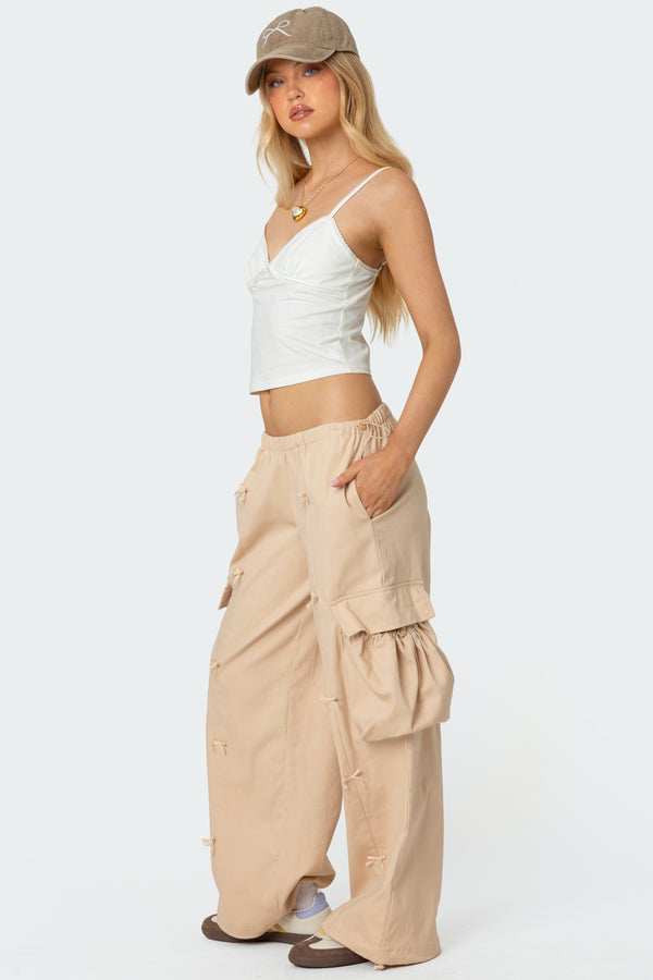 Edikted Bow Trim Cargo Parachute Pants Beige