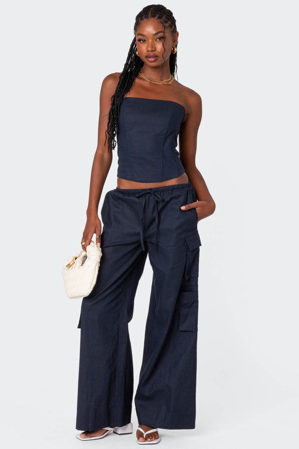 edikted Bristol Linen Look Cargo Pants navy