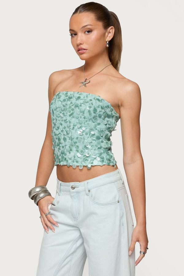 Edikted Brynn Sequin Strapless Top Sage