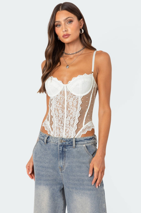 edikted Cabaret Lacey Sheer Mesh Bodysuit white