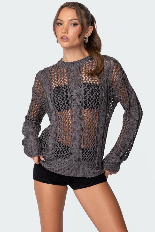 edikted Cable Open Knit Sweater dark gray