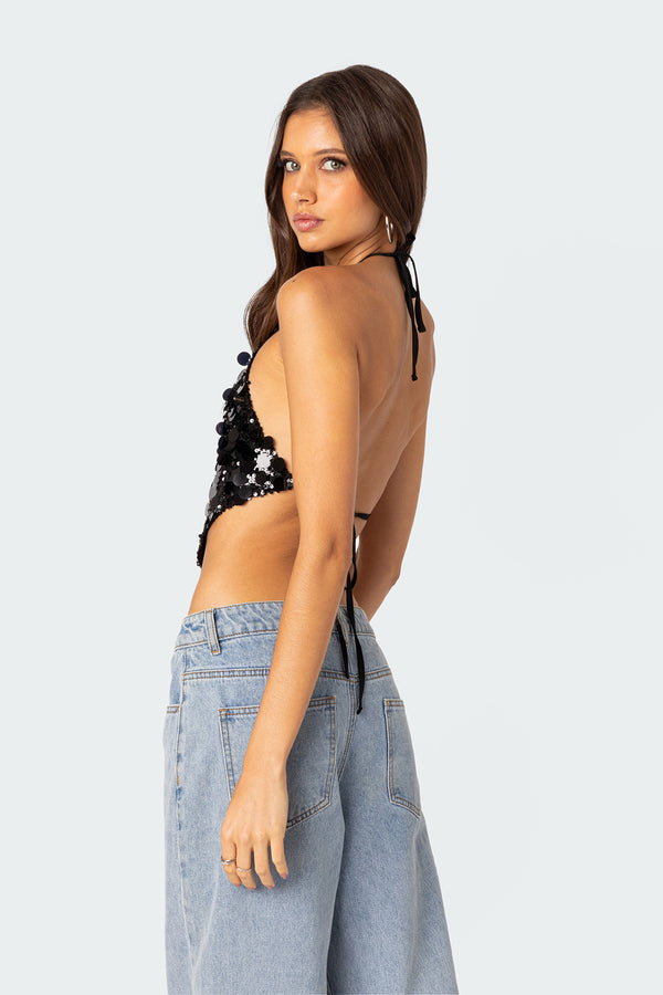 Edikted Caelia Sequin Open Back Top Black