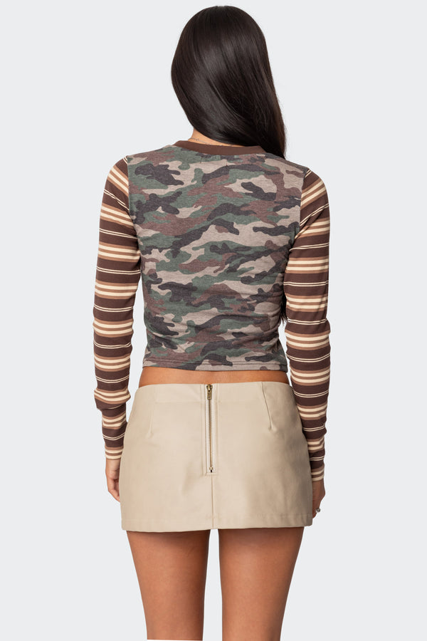 Edikted Camo & Stripe Long Sleeve T Shirt Mix
