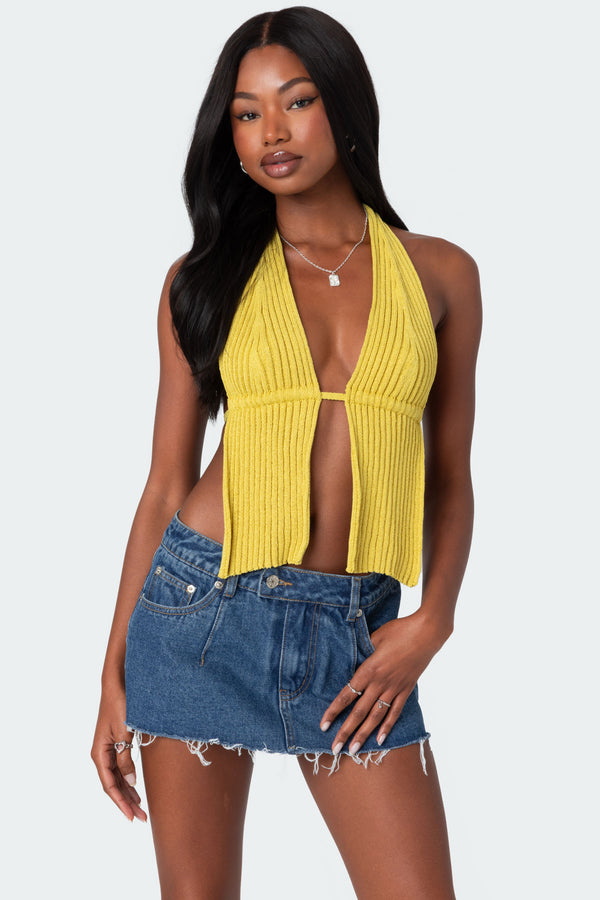 edikted Caraway Ribbed Knit Split Front Top green