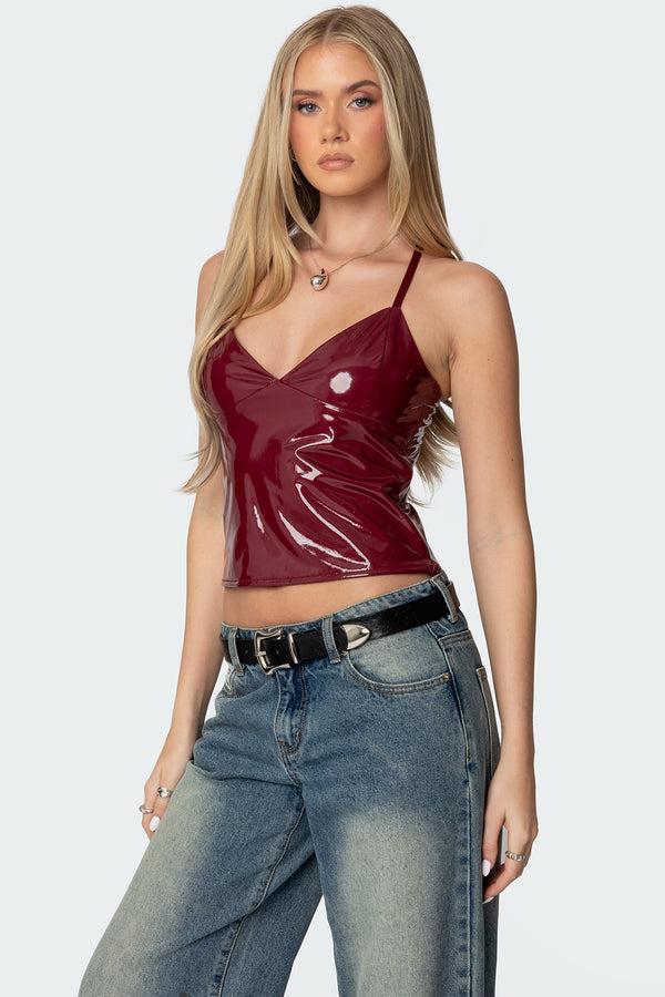 Edikted Carmie Vinyl Tank Top Burgundy