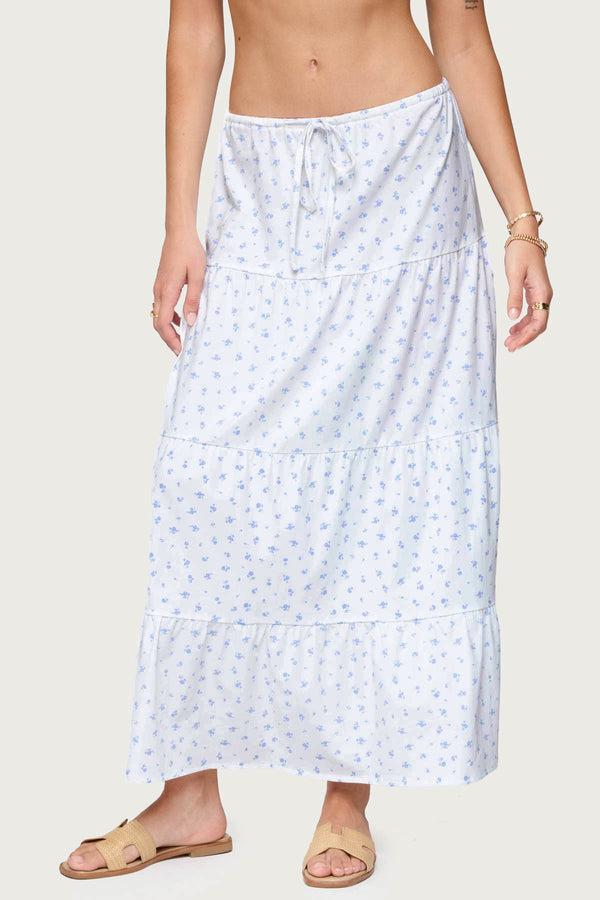 Edikted Charley Floral Tiered Maxi Skirt White