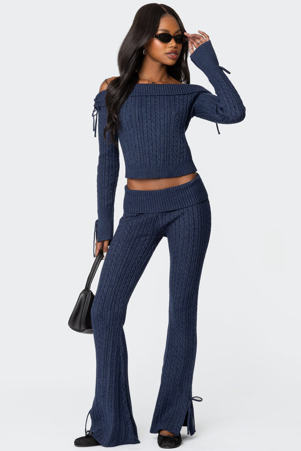 Edikted Chase Fold Over Cable Knit Top Navy