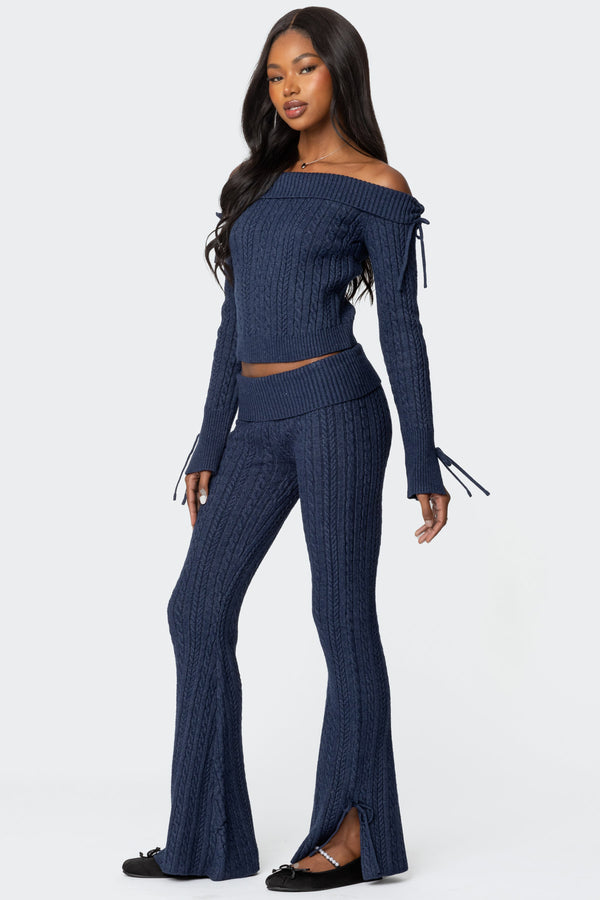 Edikted Chase Fold Over Cable Knit Top Navy