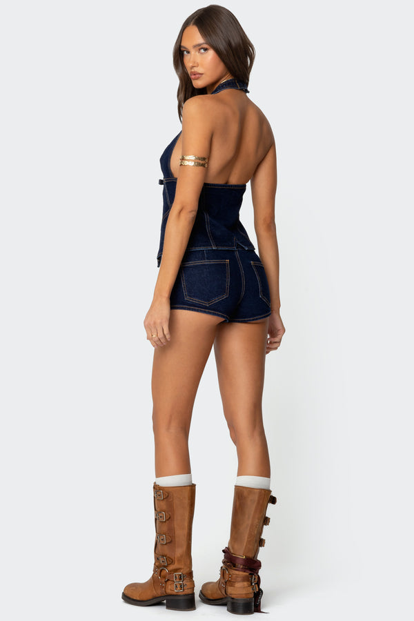 Edikted Ciel Low Rise Denim Micro Shorts Dark Blue