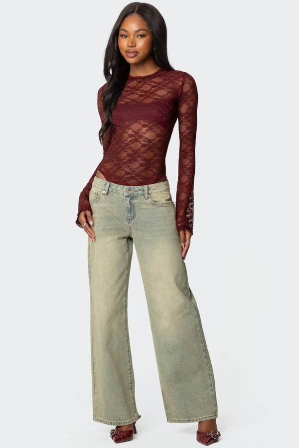 Edikted Colette Sheer Lace Bodysuit Burgundy