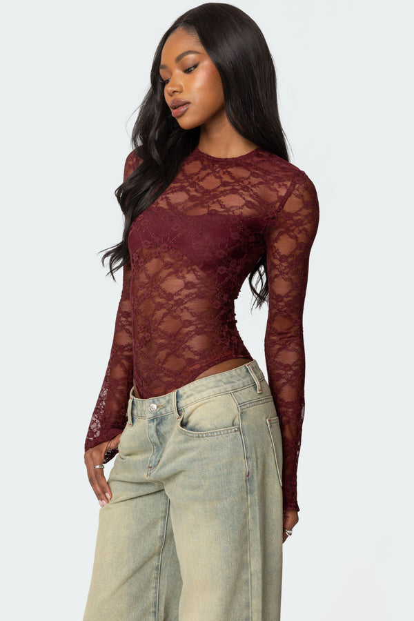 Edikted Colette Sheer Lace Bodysuit Burgundy