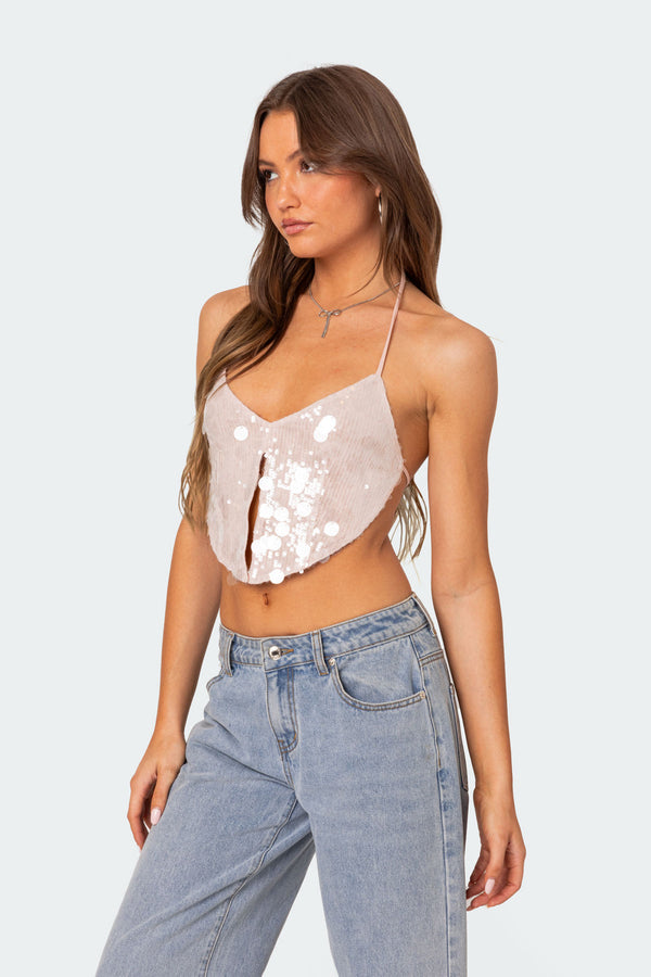 Edikted Confetti Sequin Open Back Top Light Pink