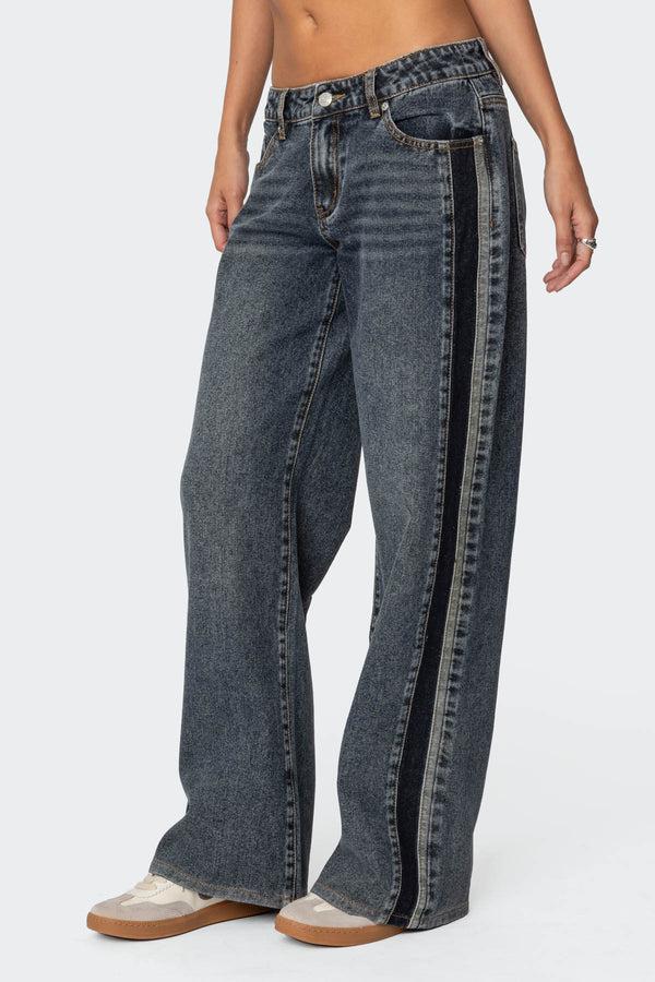 Edikted Contrast Panel Low Rise Jeans Dark Blue