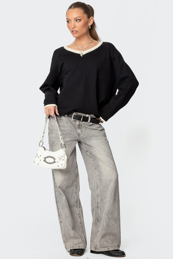 Edikted Contrast V Neck Knit Sweater Black