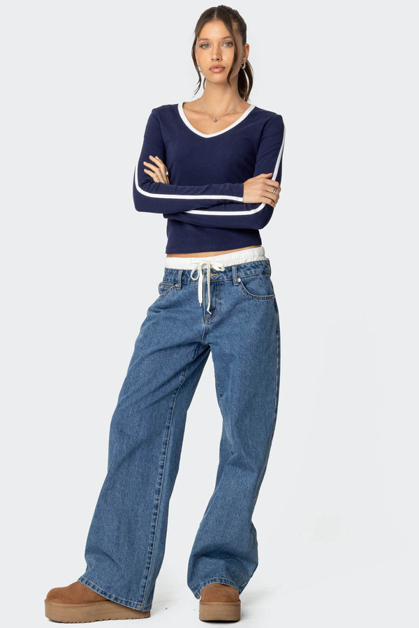 Edikted Contrast V Neck Long Sleeve T Shirt Navy