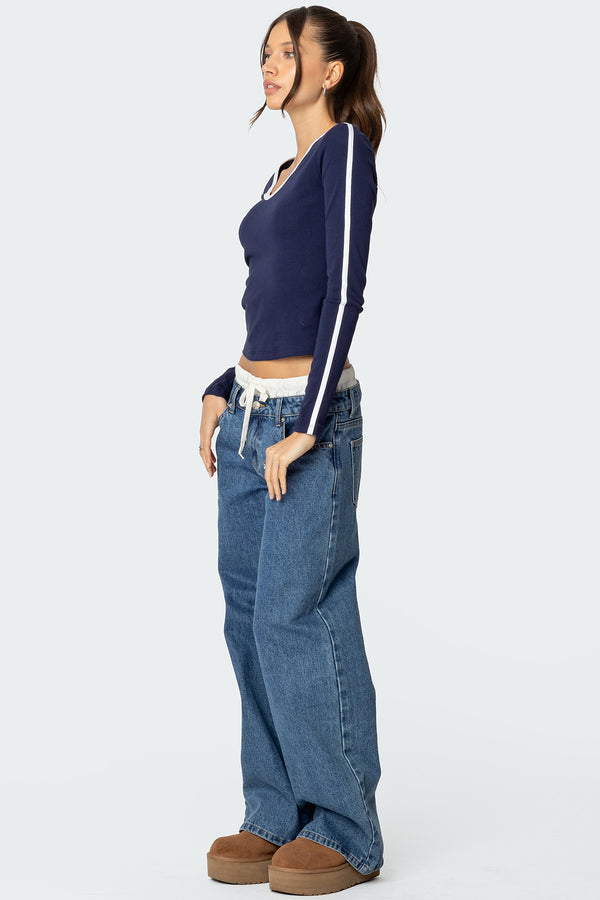 Edikted Contrast V Neck Long Sleeve T Shirt Navy