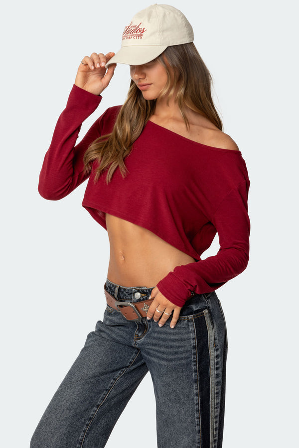 Edikted Cropped Off Shoulder Top Burgundy