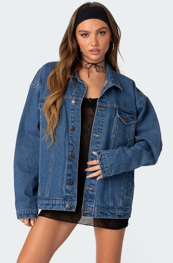 edikted Dalia Oversized Denim Jacket dark blue