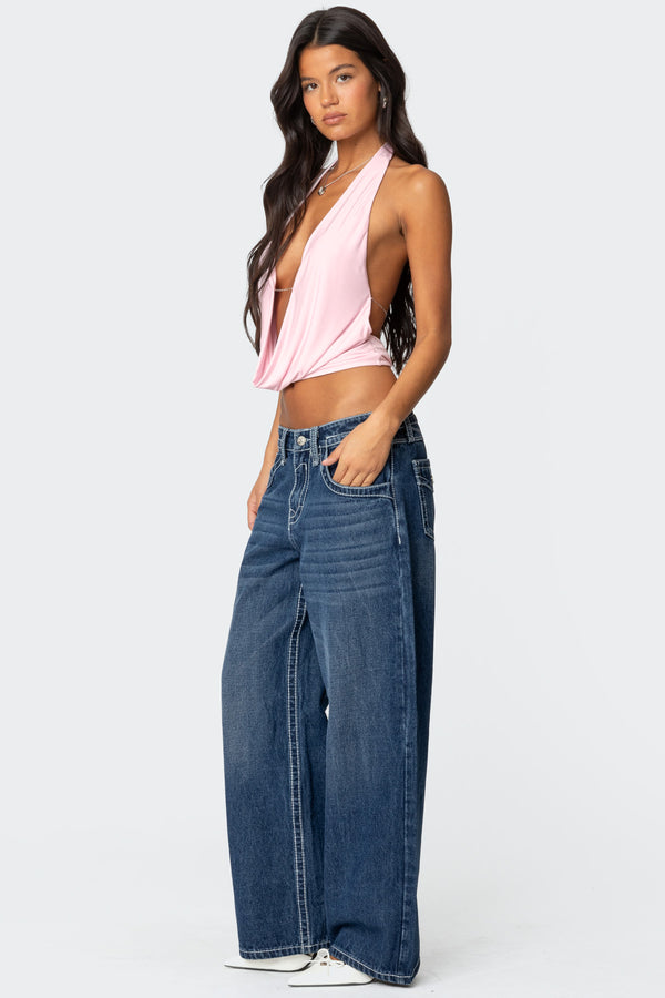 Edikted Deep Cowl Neck Open Back Top Light Pink