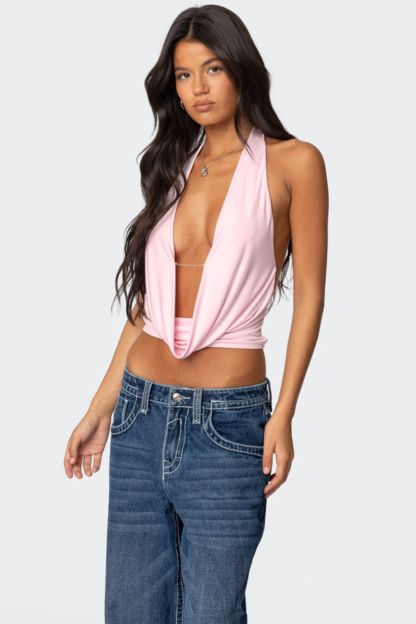 Edikted Deep Cowl Neck Open Back Top Light Pink