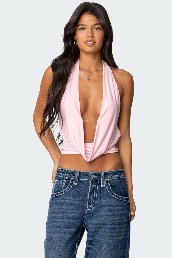 edikted Deep Cowl Neck Open Back Top light pink
