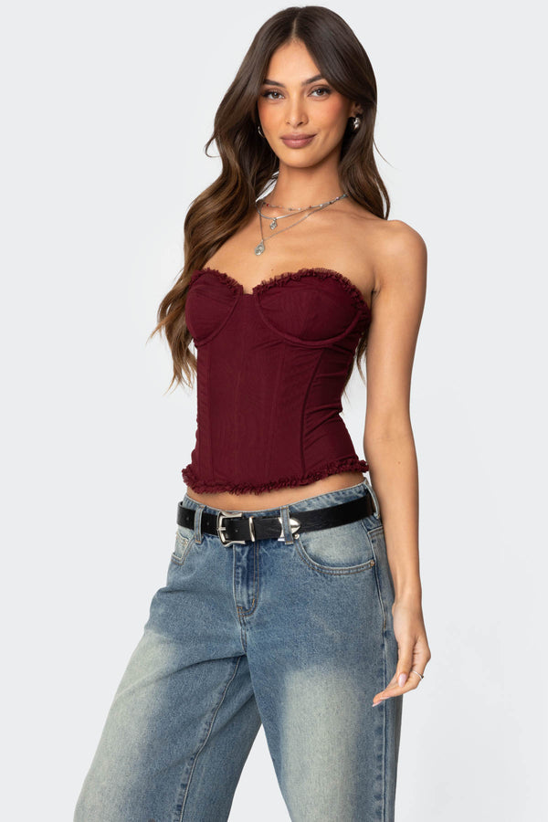 Edikted Deirdre Mesh Lace Up Corset Burgundy