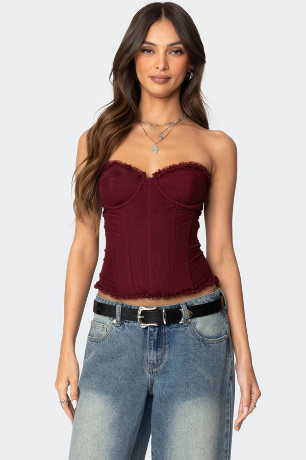 edikted Deirdre Mesh Lace Up Corset burgundy