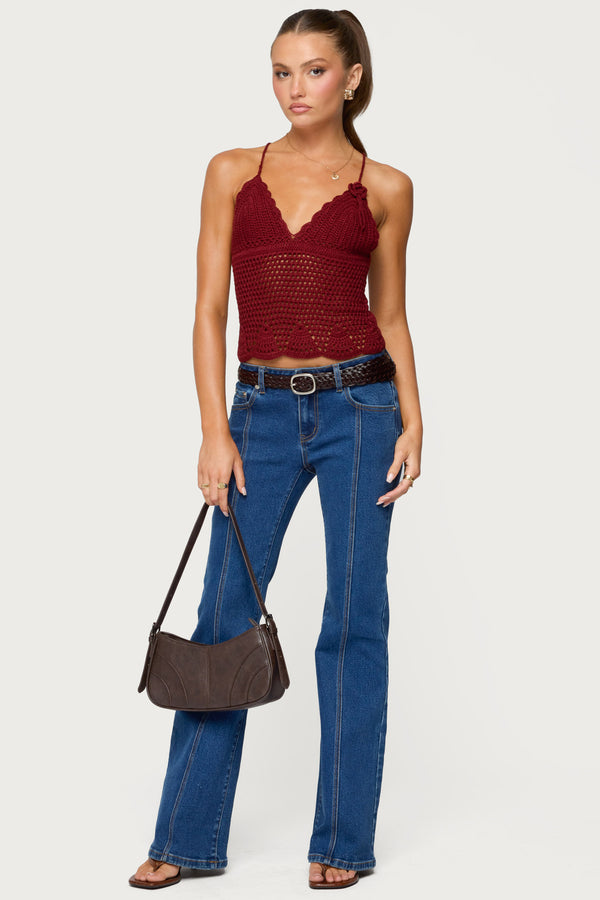 Edikted Delila Crochet V Neck Top Burgundy