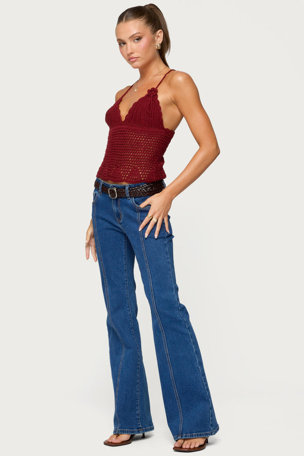 Edikted Delila Crochet V Neck Top Burgundy