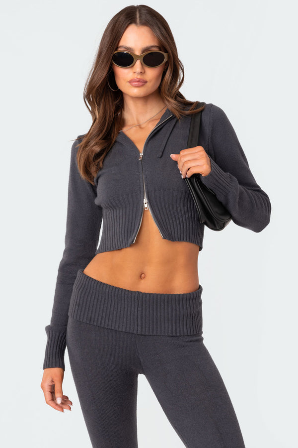 edikted Desiree Knitted Hooded Cardigan dark blue