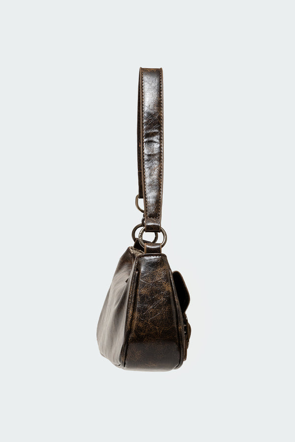 Edikted Distressed Faux Leather Buckle Bag Brown