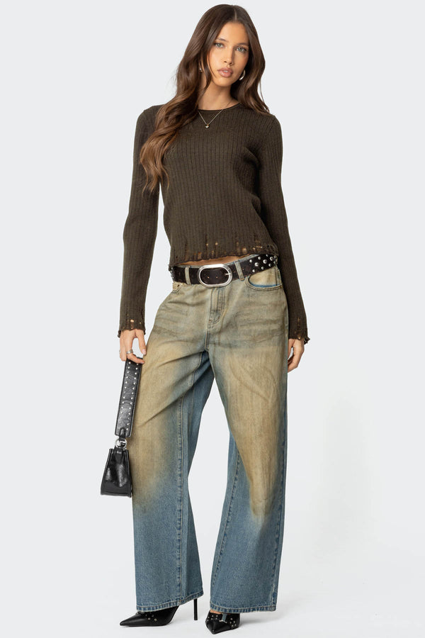 Edikted Distressed Ribbed Knit Sweater Olive