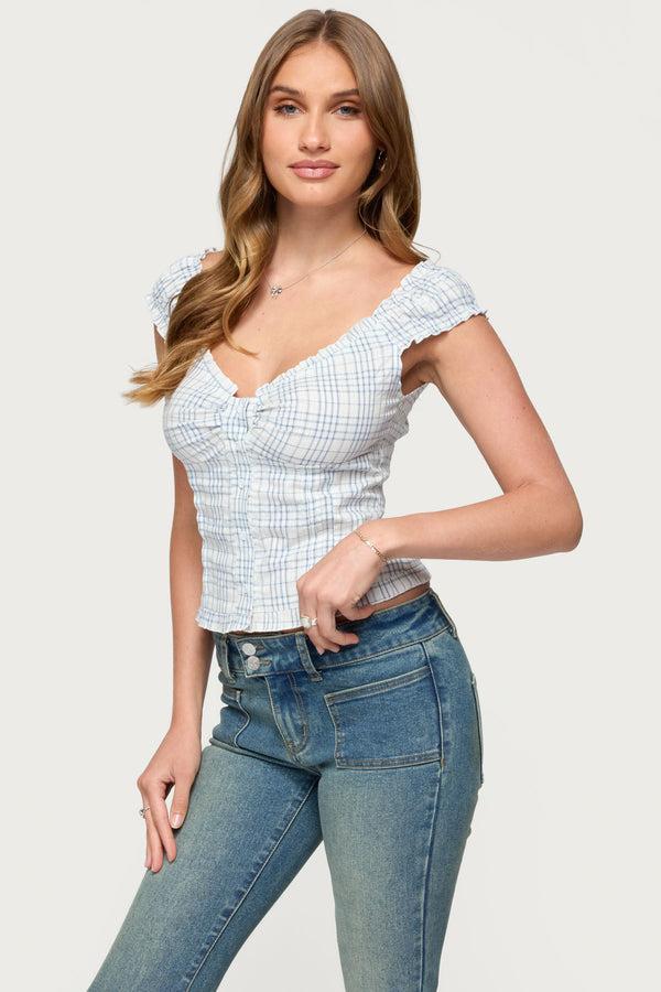 Edikted Dolsy Plaid Button Up Top Blue
