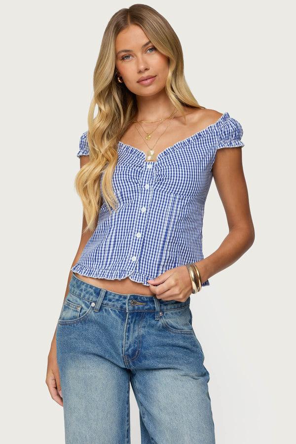 edikted Dorothie Gingham Button Up Top navy