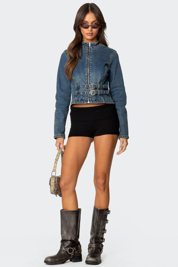 Edikted Double Buckle Denim Jacket Blue