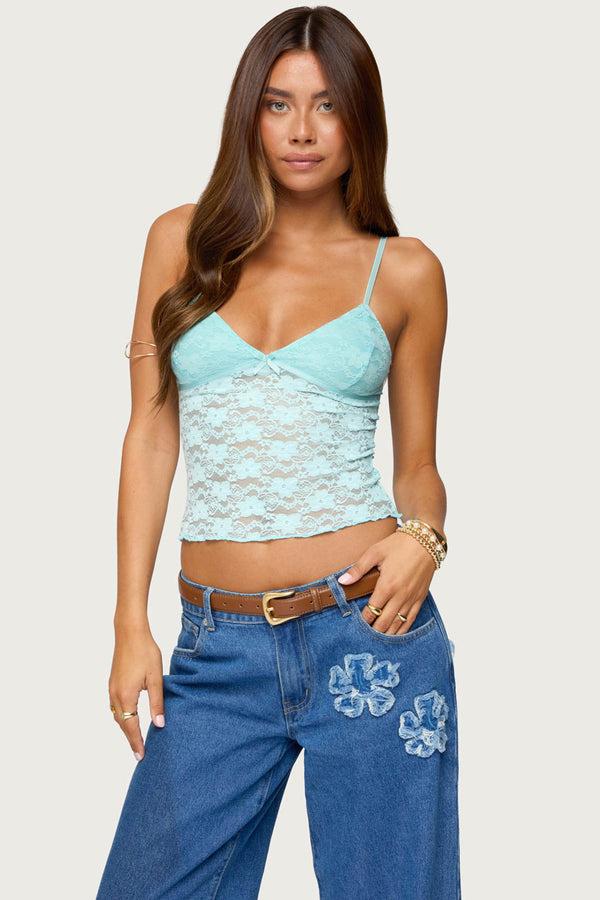 edikted Eira Sheer Lace Tank Top turquoise