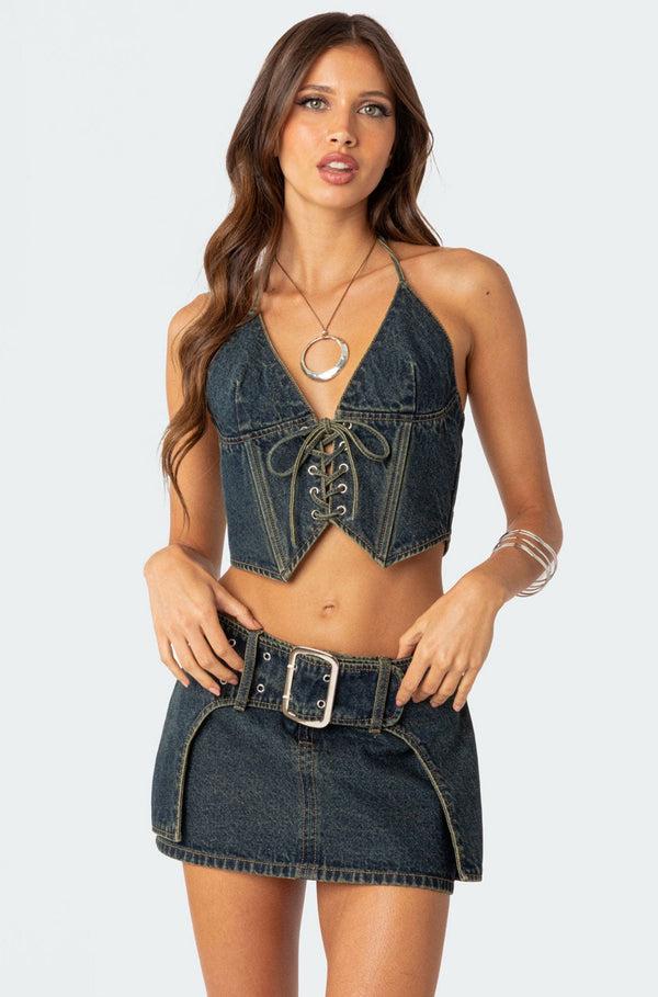 edikted Elara Washed Denim Lace Up Corset blue