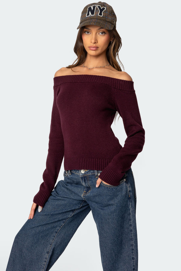 Edikted Elona Off Shoulder Knit Top Burgundy