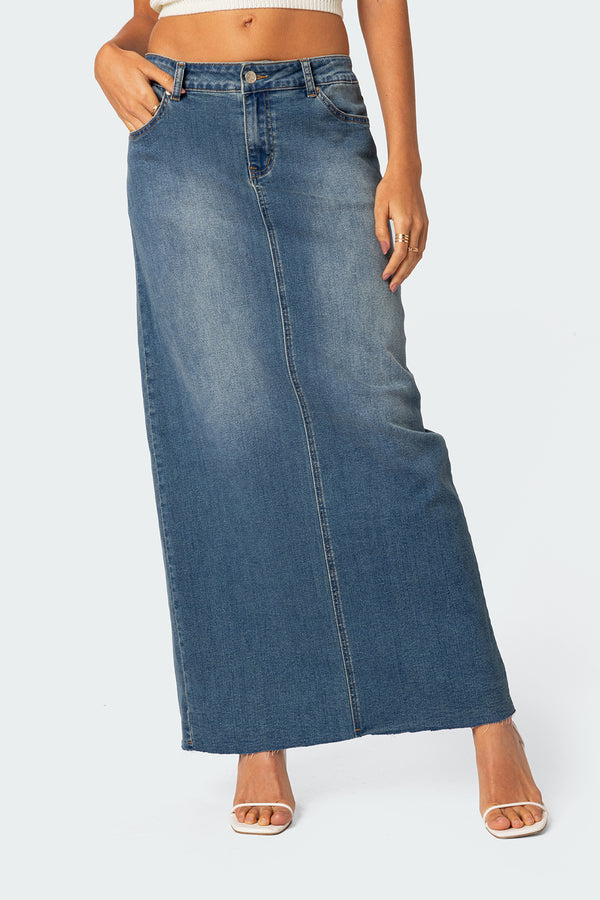 Edikted Elowyn Slitted Denim Maxi Skirt Blue